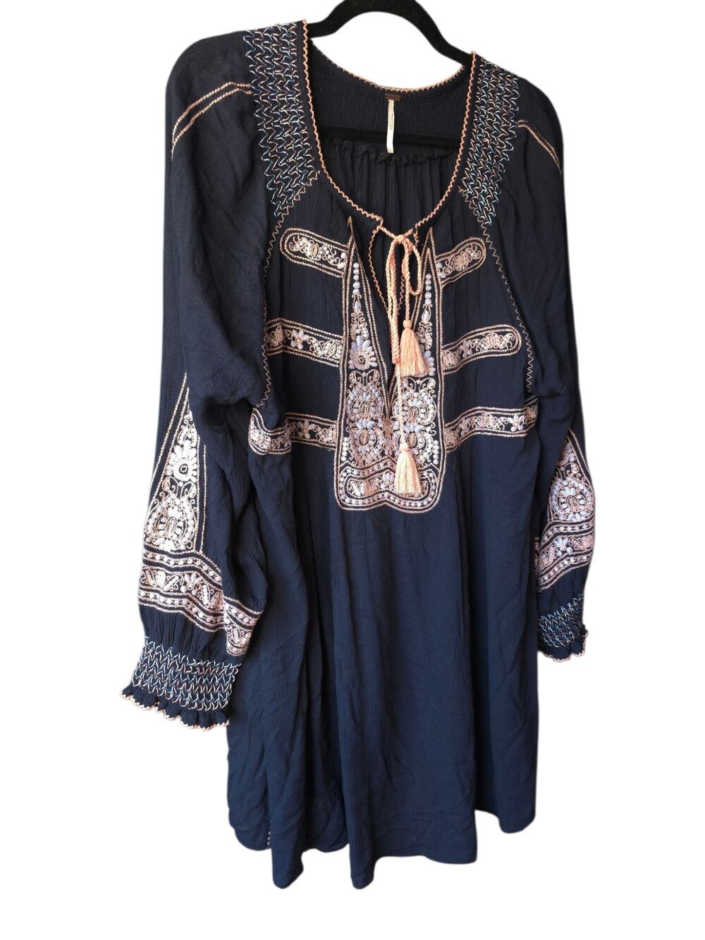 Free People Wind Willow Navy Embroidered Tunic Dress Large Boho Tassel